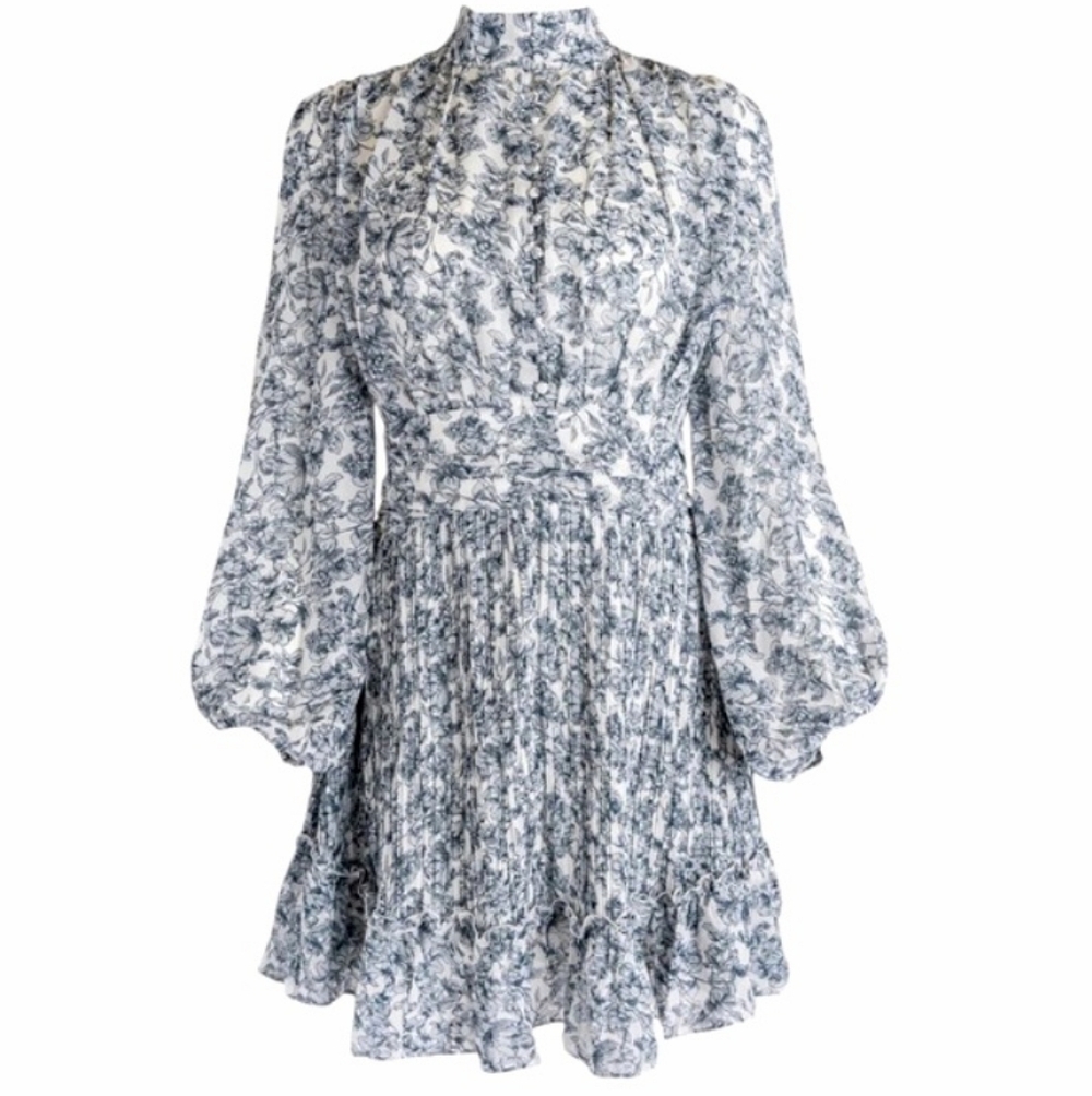 Ivy City Co Brynley Blue Floral Toile Pleated Mini Dress Long Sleeve Size 3X